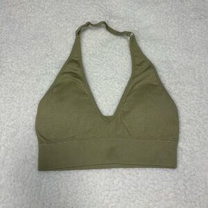 Aerie Women Green Seamless Ribbed crop Halter Top